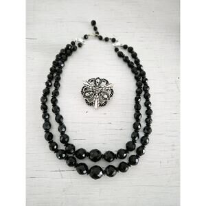Vintage Double Strand Black Beaded Necklace and Hedy Designer Brooch Set
